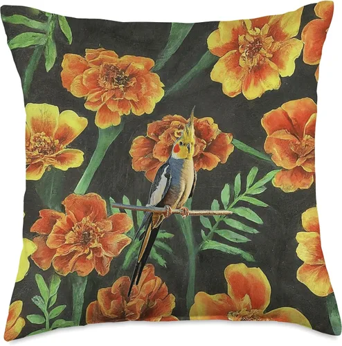 Miniatura 4 de Cockatiel Orange Yellow Marigolds Vintage Flower Pattern Throw Pillow