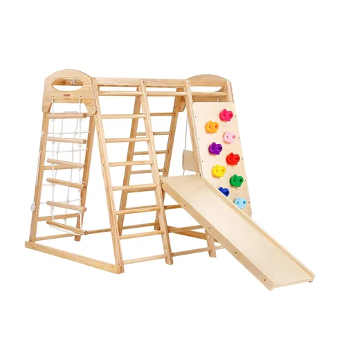 Miniatura 11 de VEVOR Gimnasio interior de la selva, parque infantil 7 en 1, 47.2 x 58 x 56 pulgadas, con escalera de madera y cuerda, escalera de red, columpio