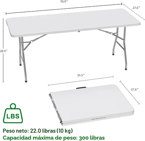 Miniatura 3 de Allpop Mesa plegable de 6 pies para interior y exterior, mesa de comedor de plástico portátil plegable por la mitad con asa de transporte para Blanco