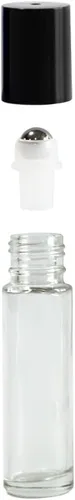 Miniatura 2 de Botellas de vidrio transparente de 0.3 fl oz con bolas de rodillo de acero inoxidable y tapas negras, paquete de 24 (transparente)