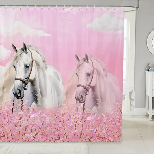 Erosebridal Cortina de ducha de caballo para niñas, 72 pulgadas de ancho x 78 pulgadas de largo, cortina de baño con diseño de flores de cerezo para