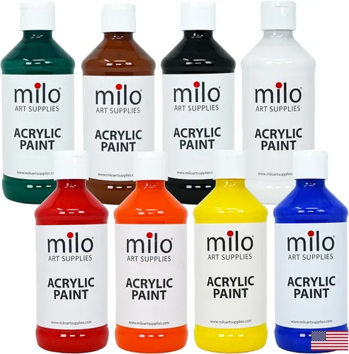 milo Juego de pintura acrílica de 8 colores | Botellas de 8 onzas | Paquete de pintura acrílica de colores primarios para estudiantes | Hecho en los