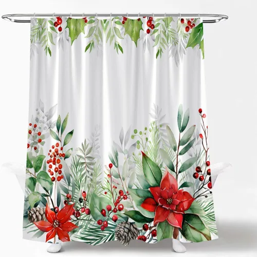 Cortina de ducha de flores de Navidad, flor de pascua, bayas de acebo, acuarela, hojas de eucalipto verde, naturaleza, feliz año nuevo, invierno,