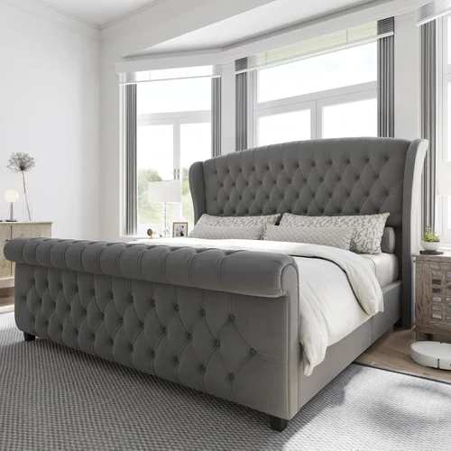 Miniatura 13 de AMERLIFE - Marco de cama tamaño King con plataforma, cama de estilo trineador tapizada en terciopelo con cabecero y pie de cama con alas onduladas