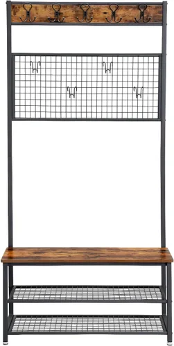 Miniatura 9 de VASAGLE UHSR46BX - Perchero industrial, estante para zapatos con tablero de notas de rejilla, 9 ganchos y estantes de almacenamiento, para pasillo