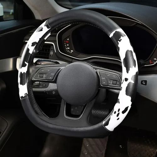 Miniatura 3 de ZHOL Funda para volante con estampado de vaca, cubierta de volante de automóvil en forma de D, piel de microfibra de 14 1/2-15 pulgadas