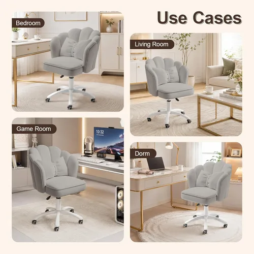 Miniatura 7 de Silla de tocador con ruedas, silla de escritorio de pétalos de terciopelo, silla tapizada para la oficina en casa, para mujeres y niñas, silla
