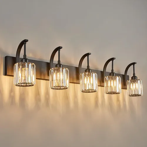 Miniatura 25 de Luces de tocador de cristal de 3 luces negras para tocador de baño, modernas lámparas de baño de cristal sobre espejo de 23.62 pulgadas de largo