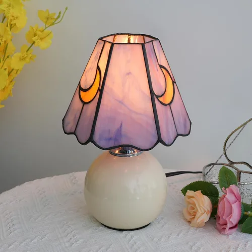 Miniatura 5 de Lámpara de mesa de noche de luna de cristal de cristal, lámpara de mesita de noche estilo Tiffany con bombilla E26, lámpara de acento pequeña rosa