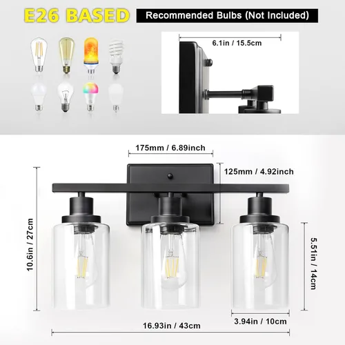 Miniatura 5 de Ascher Lámparas de Vanidad de Baño, 3 Apliques de Pared de Luz con Pantalla de Vidrio Transparente, Luces de Pared Negras para Espejo, Cocina, Sala
