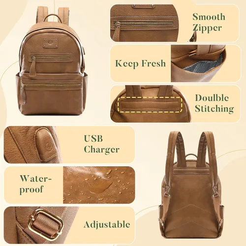 Miniatura 5 de miss fong Bolsa de pañales pequeña para viaje, de cuero, mochila para pañales de bebé con 7 bolsillos con cargador USB y 2 bolsillos aislados