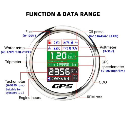 Miniatura 3 de Velocímetro GPS 6 en 1 de 3-3/8 pulgadas, 3.346 in, tacómetro ajustable multifuncional, voltímetro, nivel de combustible, temperatura del agua
