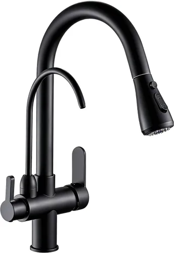 WANFAN Grifo de fregadero de cocina con rociador extraíble 2 manijas 3 en 1 filtro de agua purificador grifos negro 0195R