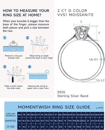 Miniatura 6 de MomentWish Anillos de moissanita, anillos de moissanita de 1 quilates para mujer, anillos solitarios de plata de ley 925 con diamantes de imitación
