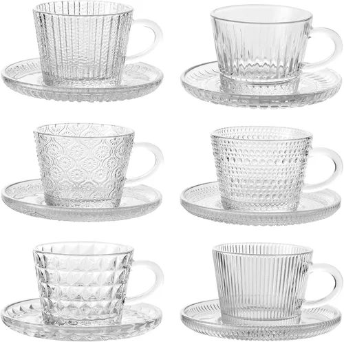 Miniatura 10 de Juego de 6 tazas de cristal para café espresso con platillos y cucharas de acero inoxidable, aptas para lavavajillas, para té, chocolate caliente