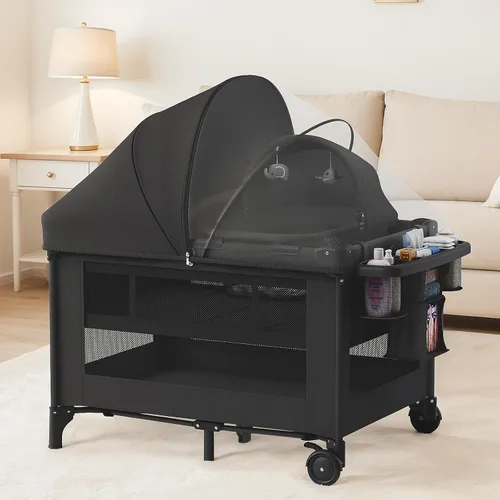 Miniatura 9 de Obee Odee Moisés para bebé 4 en 1 con corral, nido para dormir, cambiador, mosquitera y toldo, almacenamiento y juguetes para recién nacidos a niños