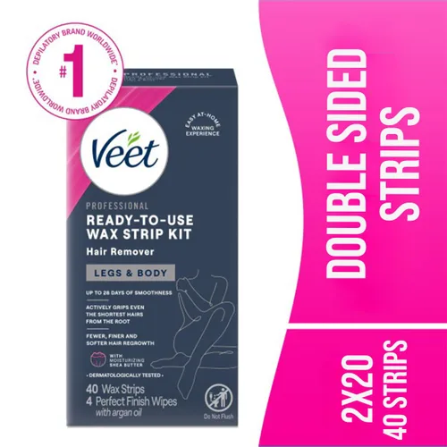 Miniatura 8 de Veet Kit de tiras de cera depiladoras dermatológicamente probadas, listas para usar, 40 unidades para piernas y cuerpo (paquete de 2)