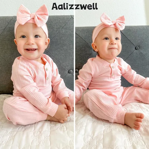 Miniatura 2 de Aalizzwell Traje acanalado de manga larga neutral para bebé con sombrero y diadema