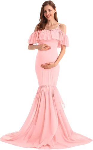 Miniatura 31 de MYRISAM Vestido de maternidad con volantes y hombros descubiertos para mujer, vestido de fiesta de sirena de gasa, vestido ajustado