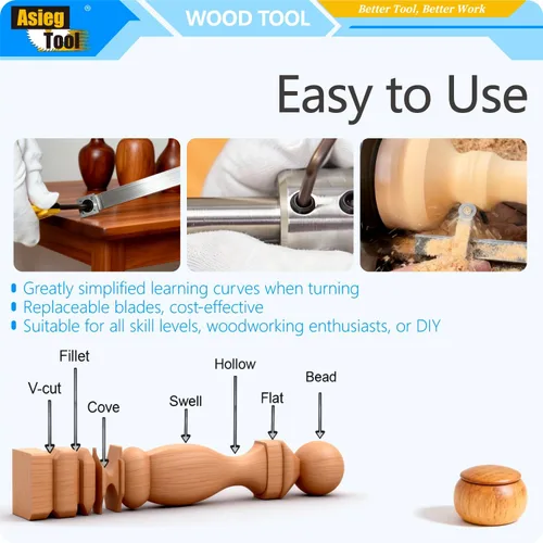 Miniatura 6 de Juego de herramientas de torneado de madera con punta de carburo Torno más duro Detailer Cisne Cuello Hollower Herramientas y mango de agarre