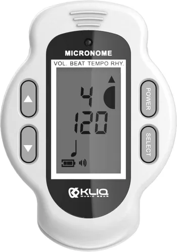 KLIQ MicroNome - Mini metrónomo digital recargable - con altavoz (volumen digital, ritmo y ajuste de tempo) diseñado para su uso con piano, Blanco