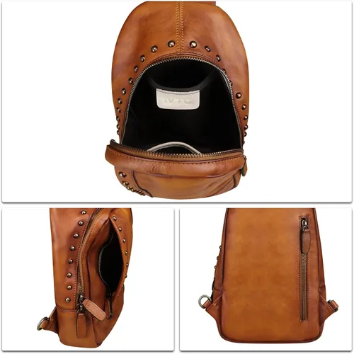 Miniatura 7 de IVTG Bolso bandolera de cuero genuino para mujer, mochila bandolera para el pecho, hombro, senderismo, vintage, hecho a mano, casual, bolso cruzado