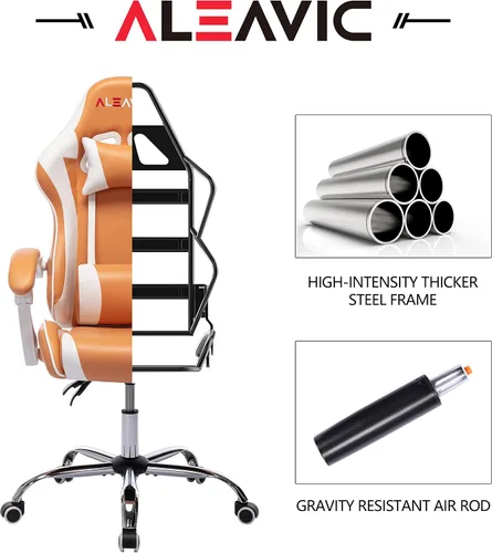 Miniatura 9 de Silla de juegos para adultos, silla ergonómica de respaldo alto para juegos de computadora con reposacabezas y soporte lumbar, color naranja