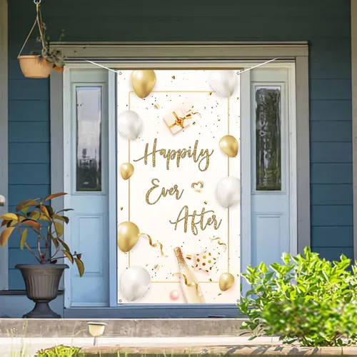 Miniatura 4 de INNORU Decoración de pancarta de puerta con texto en inglés "Happily Ever After", decoración de cubierta de puerta de fiesta de boda, letrero