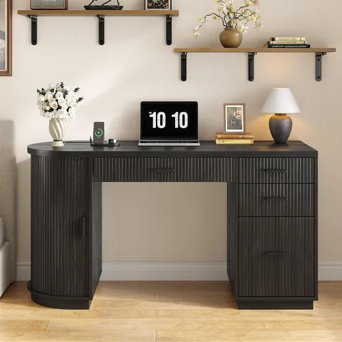Miniatura 5 de ONBRILL Escritorio ejecutivo acanalado de 58 pulgadas, escritorio para computadora con cajones de almacenamiento y cajón de archivos, moderno Negro