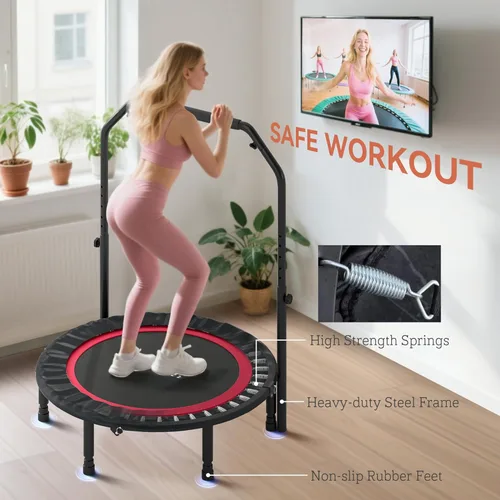Miniatura 5 de Soozier Trampolín Rebounder para adultos, mini trampolín plegable con barra de mango ajustable, silencioso y seguro Bungee Rebounder Saltar Rojo