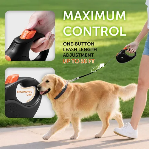 Miniatura 6 de TUG Correa retráctil para perro de 360° sin enredos Cinta de nailon fuerte de 16 pies (mediano, negro/naranja)