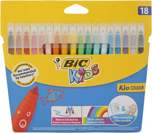 BIC Kids Kid Couleur - Bolígrafos para colorear con punta de fieltro, varios colores, cartera de cartón de 18 unidades