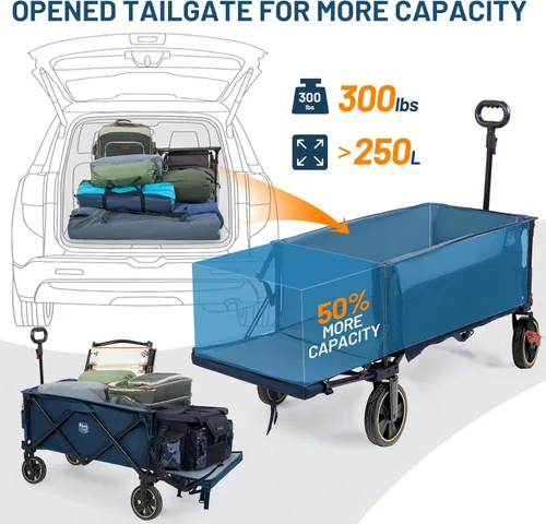 Miniatura 8 de Timber Ridge Carro plegable extra largo de 49 pulgadas con portón trasero y frenos, carro plegable resistente de 300 libras con mango ajustable, Azul