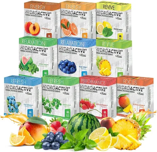 Hydro Sabores activos de cachimba con aceites esenciales, All Active Mix Hookah Shisha en melocotón, fresa, mango, piña, sandía y menta, sabores de