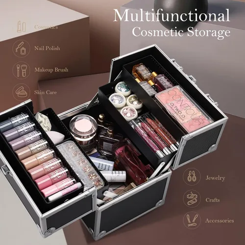 Miniatura 3 de Frenessa Estuche de Tren de Maquillaje Organizador de Cosméticos Estuche Profesional de Almacenamiento de Maquillaje 4 Bandejas con Divisores