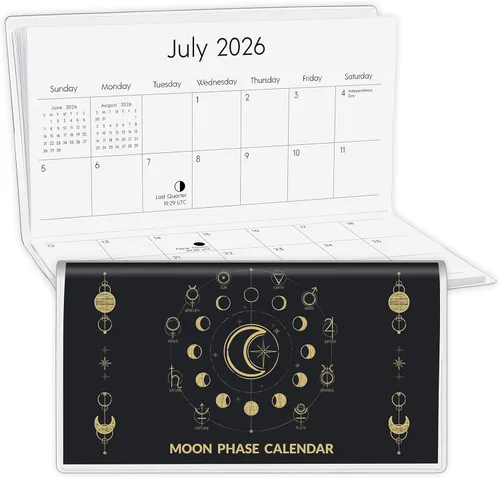 Calendario de bolsillo 2025-2026, calendario de bolsillo de fase lunar 2025-2026 para bolso, planificador mensual con cubierta de PVC, tamaño