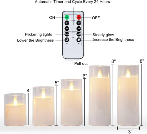 Miniatura 6 de Homemory Velas parpadeantes sin llama de color blanco puro, velas LED acrílicas con control remoto y temporizador, juego de 5