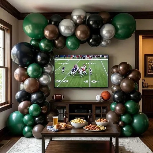Miniatura 5 de Arco de globos de látex negro y verde, guirnalda de globos de látex de doble relleno, color verde oscuro, marrón, plateado, para camuflaje