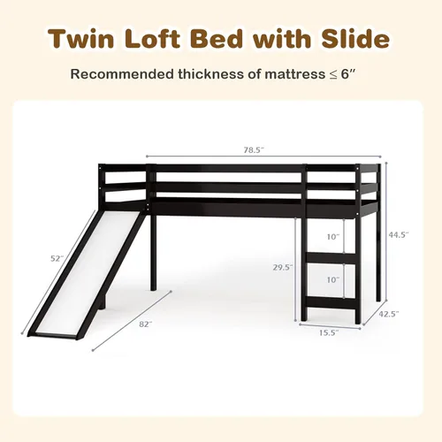 Miniatura 2 de Giantex Cama alta individual con tobogán, cama baja de madera para niños, escalera de escalada y espacio de almacenamiento, cama individual