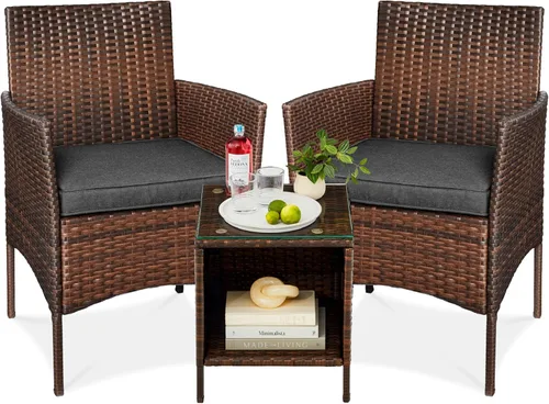 Miniatura 14 de Best Choice Products Juego de 3 piezas de mimbre para conversación al aire libre, muebles de patio que ahorran espacio para jardín con mesa