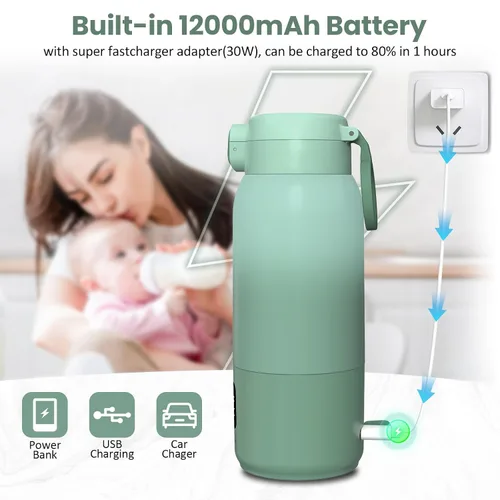 Miniatura 4 de Calentador de botellas portátil para viajes, calentador de leche portátil de 17 onzas para calentamiento rápido del bebé, carga rápida de 30 W