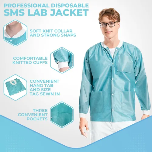 Miniatura 3 de Paquete de 10 chaquetas desechables de laboratorio, chaqueta médica reutilizable hasta la cadera, unisex, con puños de punto y bolsillos