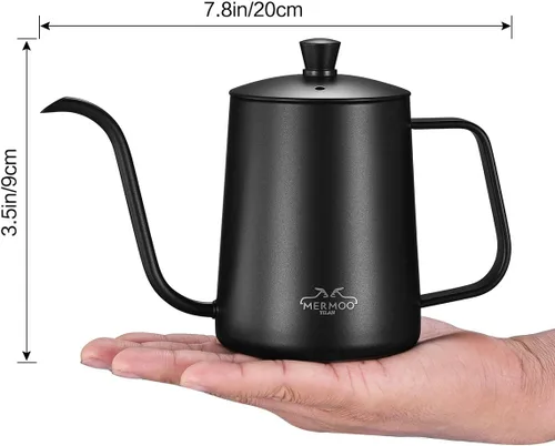 Miniatura 4 de MERMOO YILAN Hervidor de café de cuello de cisne de 21 oz para verter sobre goteo, 20.3 fl oz, boquilla larga y estrecha de acero inoxidable, Negro