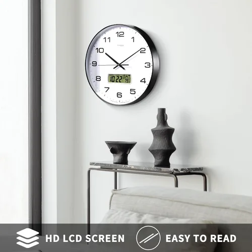 Miniatura 9 de TIMESS Reloj de Pared, Esfera Grande de 14" Sin Tic-Tac Silencioso Operado por Batería Analógico con Pantalla LCD para Calendario Perpetuo y Negro