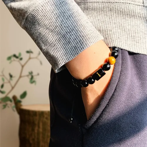 Miniatura 43 de SUMMER LOVE Regalos para el Día del Padre, pulsera con inicial de piedra de ónix negro de 0.394 pulgadas para hombres, pulsera de cuerda trenzada