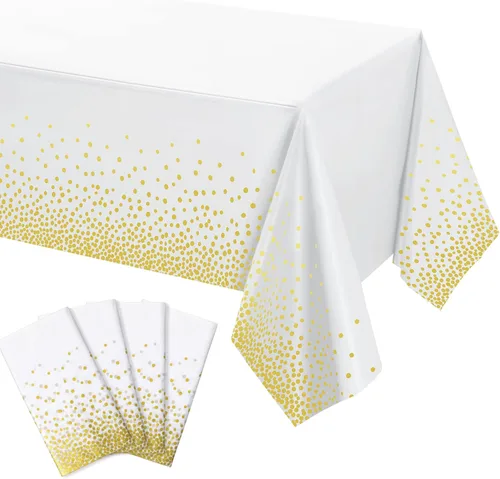 Miniatura 7 de Tegeme Paquete de 4 manteles de plástico verde y dorado para fiestas, manteles desechables de graduación, Ramadán Mubarak, decoración con lunares