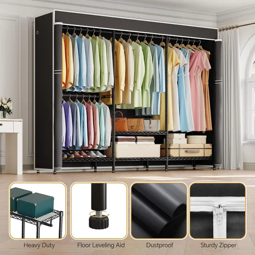 Miniatura 5 de Higeego H8 Perchero con Cubierta, Armario Portátil para Colgar Ropa, Perchero de Ropa Resistente Organizador y Almacenamiento de Armario, Estante