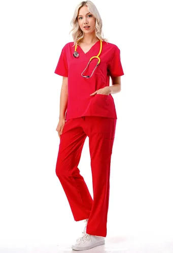 Miniatura 2 de Juego de uniformes médicos para mujer, 4 vías, 8 bolsillos, cuello en V, con cordón y pantalones de enfermería dental., Classic, S