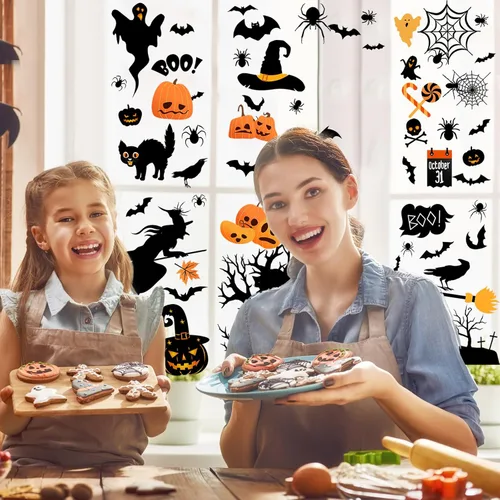 Miniatura 3 de Haull 6 hojas de calcomanías de pared de Halloween, calcomanías de pared reutilizables para ventana de Halloween, acuarela, bruja, murciélagos