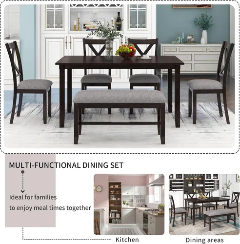 Miniatura 7 de LUMISOL Juego de mesa de comedor de 6 piezas, mesa de comedor rectangular de 60 pulgadas con sillas tapizadas y banco, juego de mesa de cocina